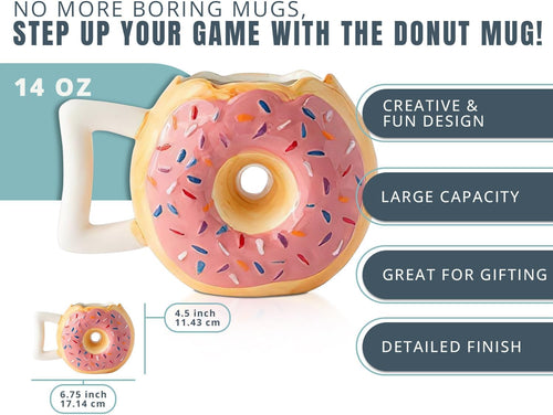 Ceramic Donut Mug - Delicious Pink Glaze Doughnut with Sprinkles - Funny "MMM... Donuts!" Quote - Best Cup for Coffee, Tea, Hot Chocolate and More - Large 14 Oz - Funny Coffee Mug Gift