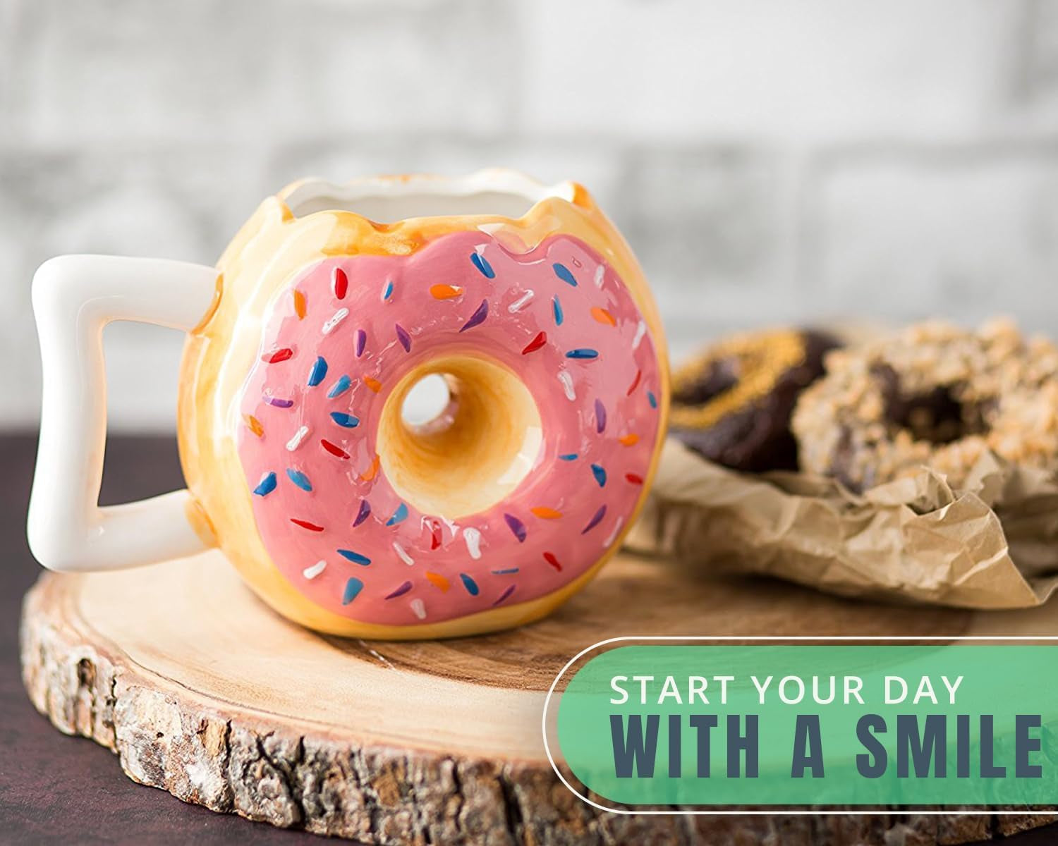 Ceramic Donut Mug - Delicious Pink Glaze Doughnut with Sprinkles - Funny "MMM... Donuts!" Quote - Best Cup for Coffee, Tea, Hot Chocolate and More - Large 14 Oz - Funny Coffee Mug Gift