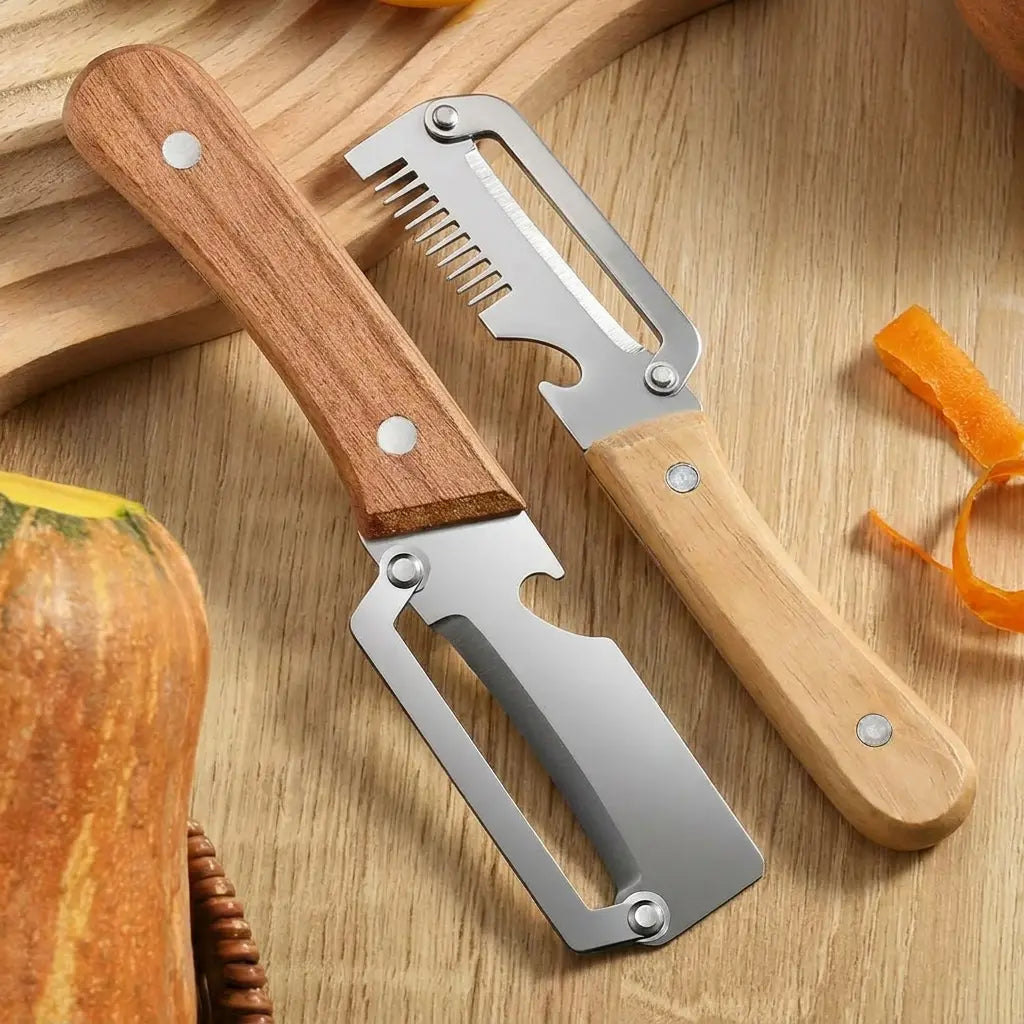 Multi-Functional Vegetable Peeler for Kitchen, Ultra-Sharp Stainless Steel Blade with Wooden Handle and Bottle Opener, for Vegetables or Fruits That Need to Be Peeled (2 Pcs)