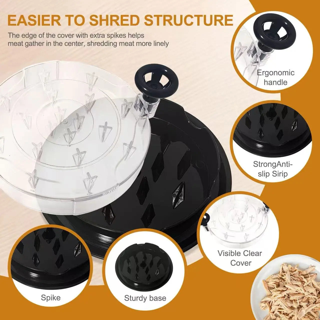 Chicken Shredder Tool Twist Large for Kitchen, Bpa-Free Food-Safe Meat Grinder, Visible Chicken Breast Meat Shredder with Strong Anti-Slip Bottom & Ergonomic Handle, Black